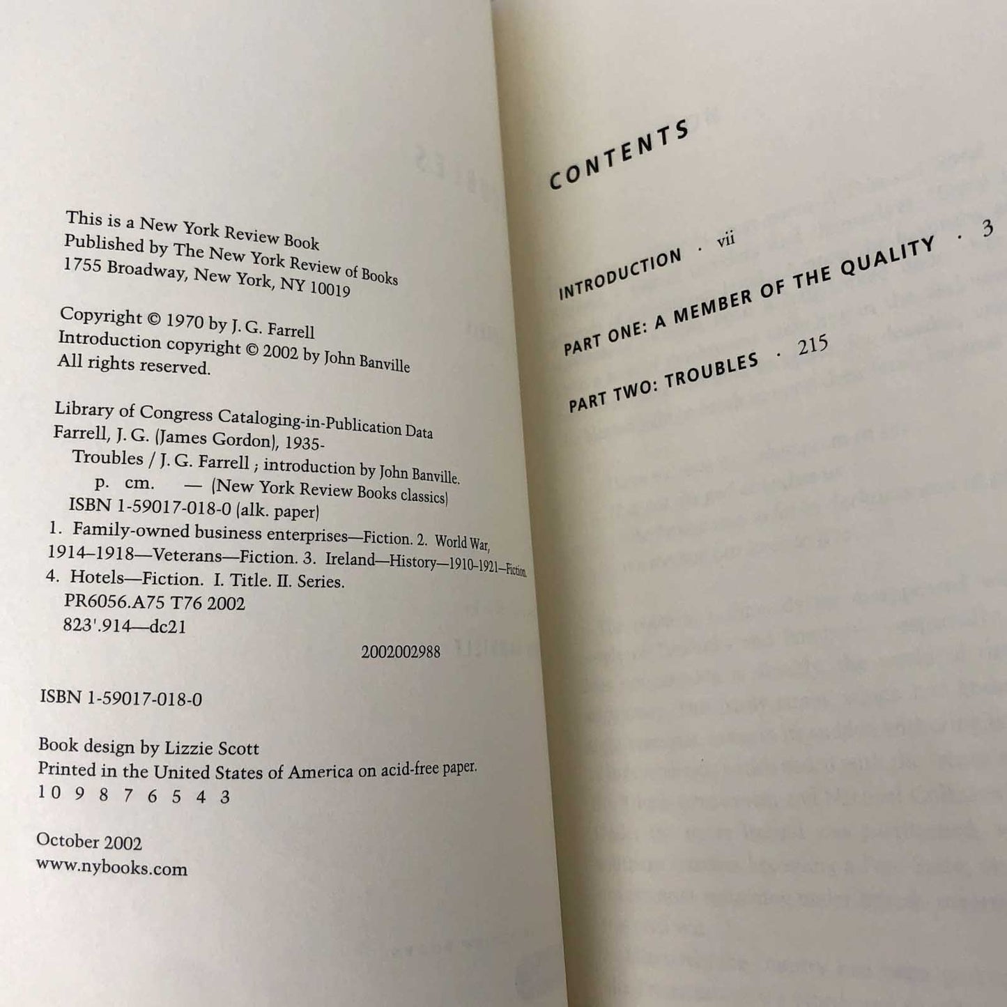 Troubles by J.G. Farrell [TRADE PAPERBACK] 2002 • NYRB
