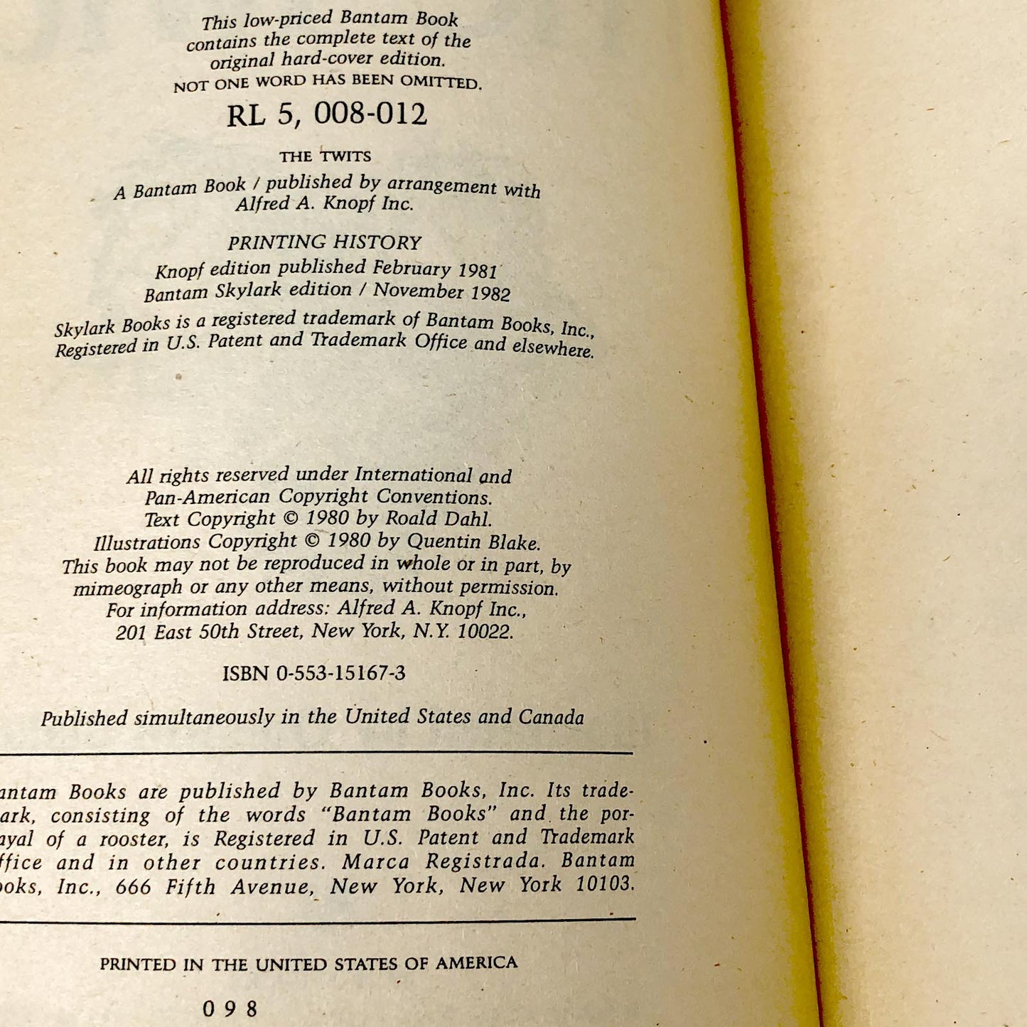 The Twits by Roald Dahl [FIRST PAPERBACK EDITION] 1982 • Bantam