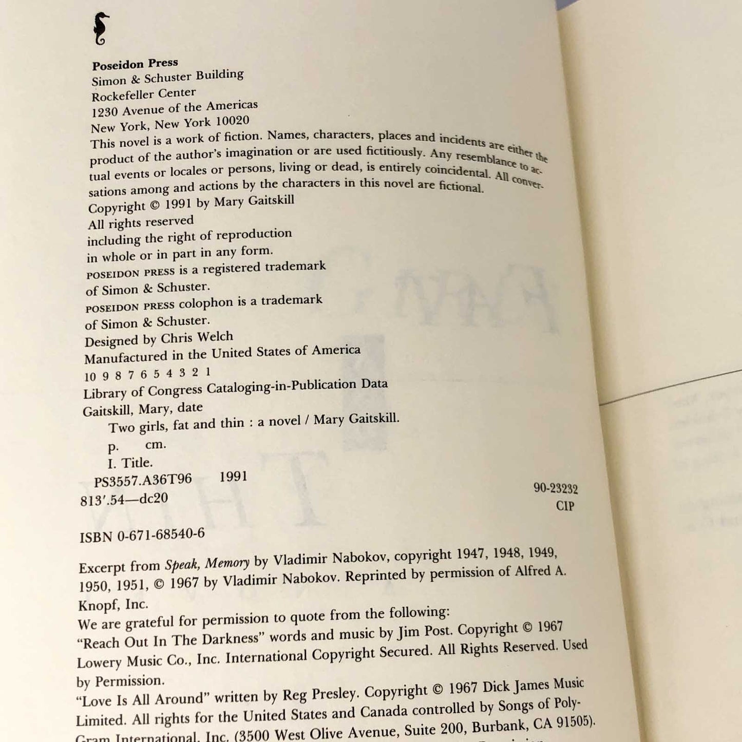 Two Girls Fat and Thin by Mary Gaitskill [FIRST EDITION • FIRST PRINTING] 1991 • Poseidon Press