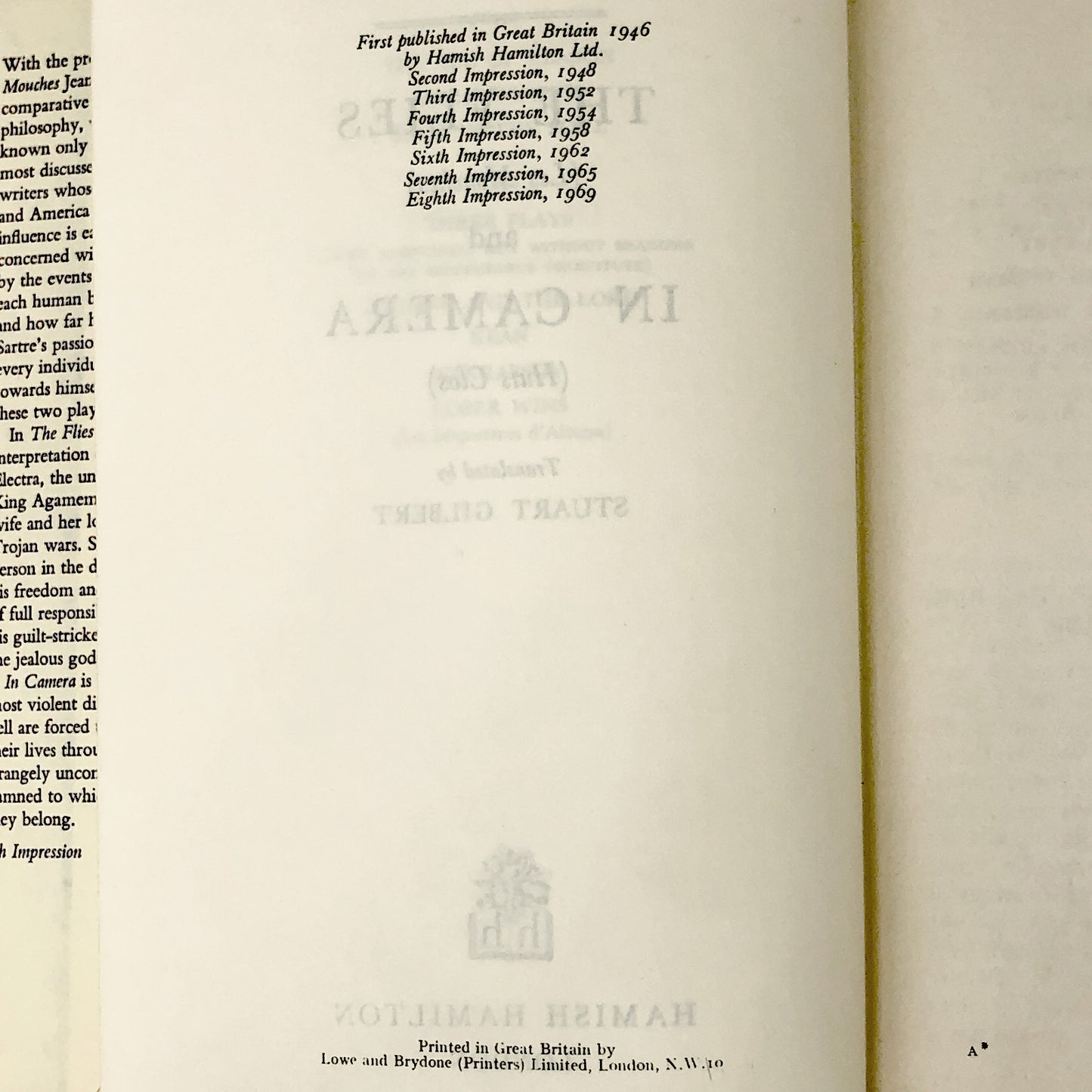 Two Plays: The Flies (Les Mouches) & In Camera (Huis Clos) by Jean-Paul Sartre [U.K. FIRST EDITION] 8th Impression ❧ 1969