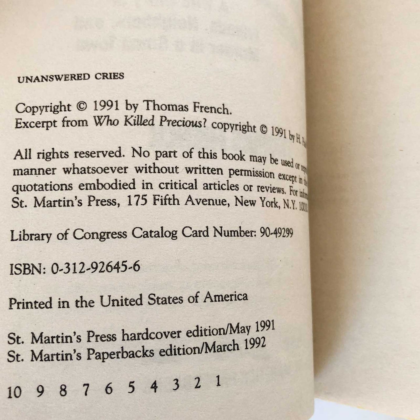 Unanswered Cries by Thomas French [1992 PAPERBACK]