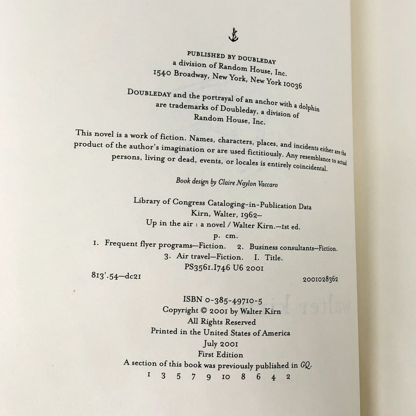 Up in the Air by Walter Kirn [FIRST EDITION • FIRST PRINTING] 2001 • Doubleday