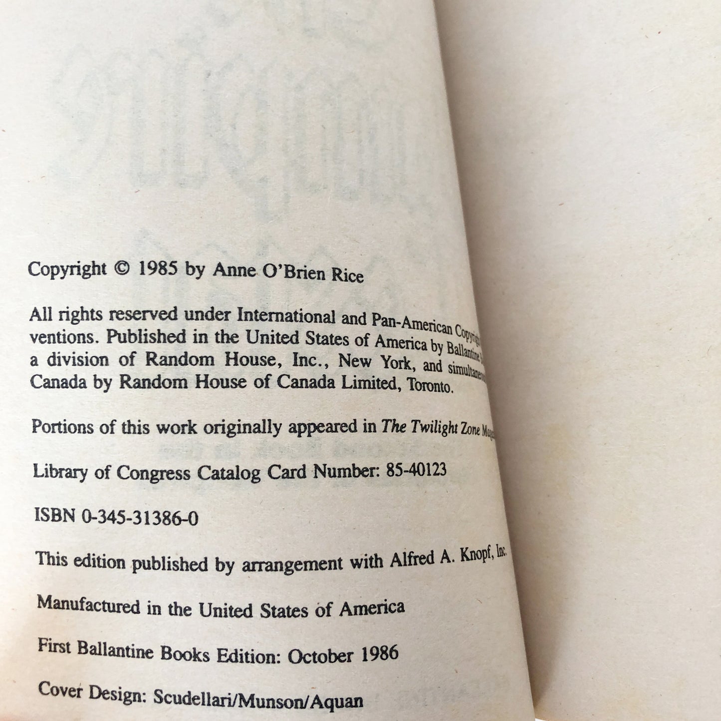 The Vampire Lestat by Anne Rice [FIRST PAPERBACK PRINTING / 1986]