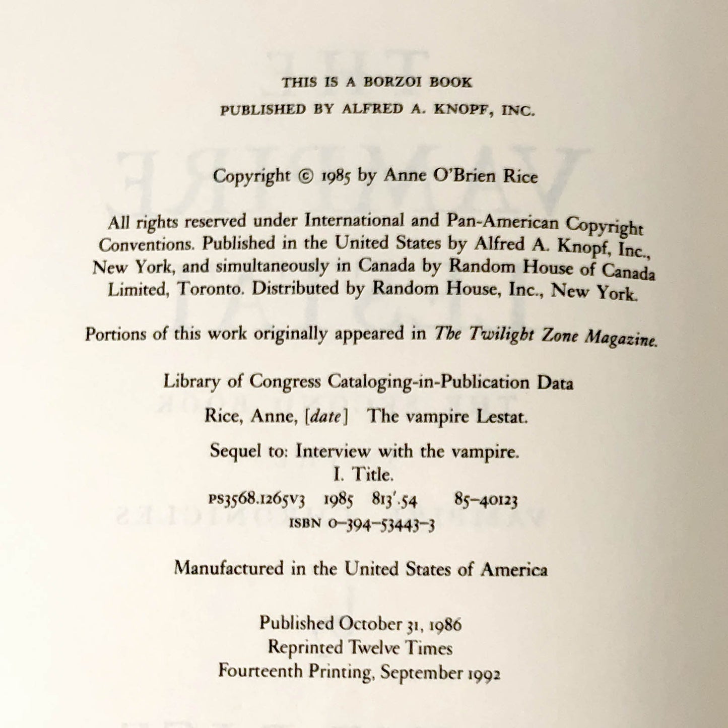 The Vampire Lestat by Anne Rice [FIRST EDITION] 14th Printing  ❧ 1992