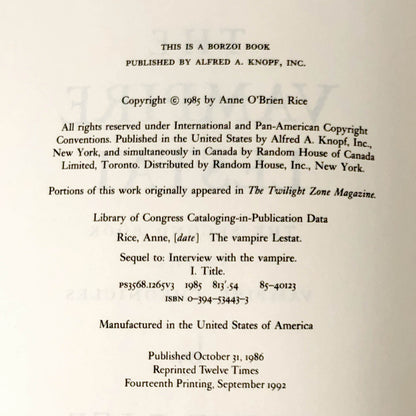 The Vampire Lestat by Anne Rice [FIRST EDITION] 14th Printing  ❧ 1992