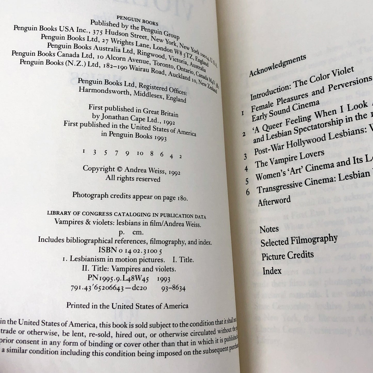 Vampires and Violets: Lesbians in Film by Andrea Weiss [FIRST EDITION PAPERBACK] 1993
