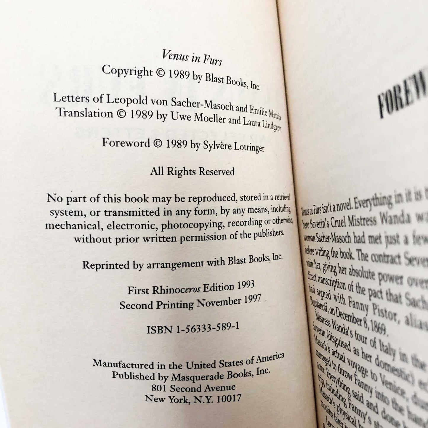 Venus in Furs & Selected Letters by Leopold von Sacher-Masoch [1997 PAPERBACK]