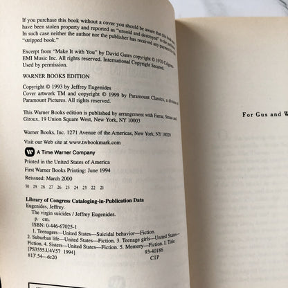The Virgin Suicides by Jeffrey Eugenides [TRADE PAPERBACK / 1999] - Bookshop Apocalypse