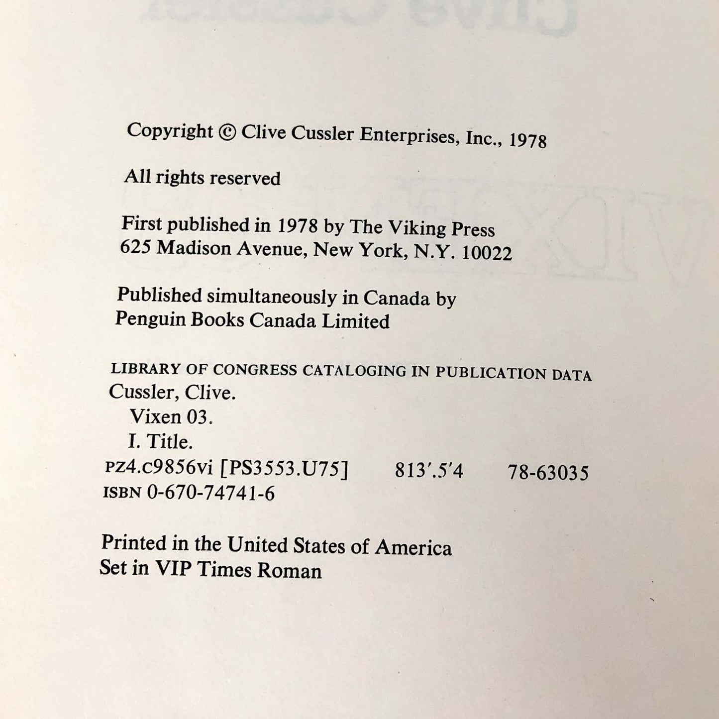 Vixen 03 by Clive Cussler [FIRST EDITION • FIRST PRINTING] 1978