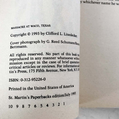 Massacre at Waco Texas: The Shocking True Story of Cult Leader David Koresh and the Branch Davidians by Clifford L. Linedecker [FIRST PRINTING / 1993]