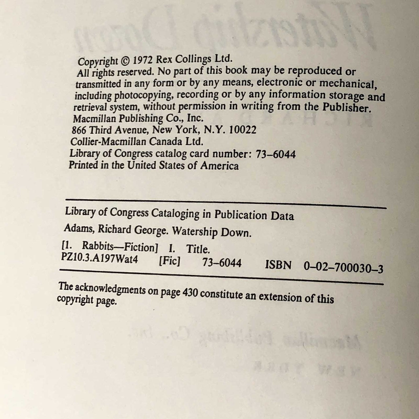 Watership Down by Richard Adams [1972 HARDCOVER]