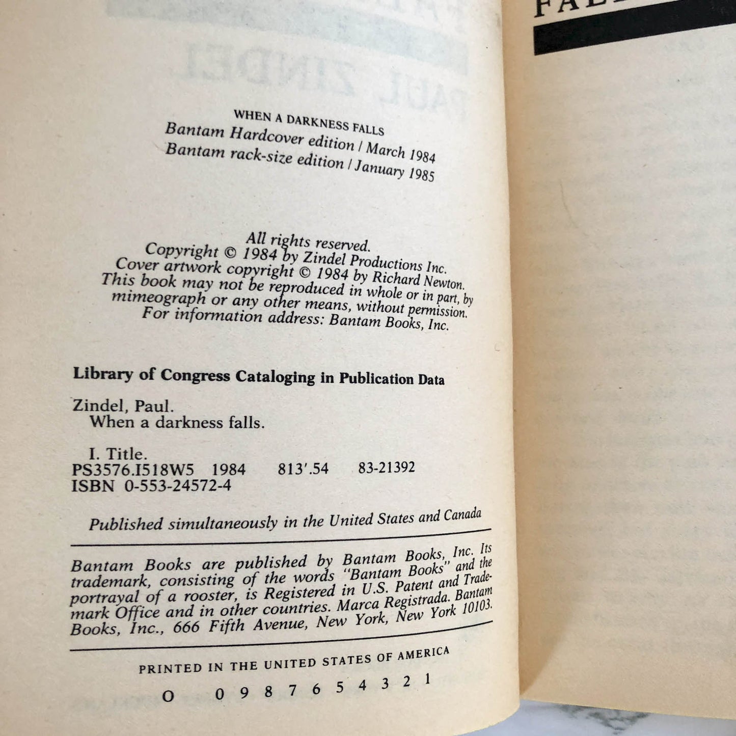 When a Darkness Falls by Paul Zindel [FIRST PAPERBACK PRINTING / 1985]