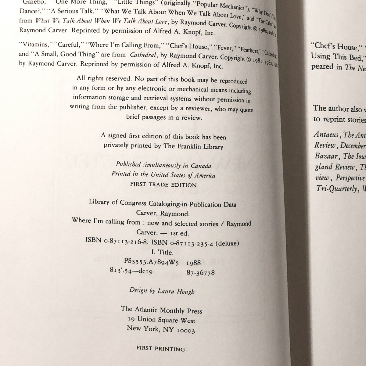 Where I'm Calling From by Raymond Carver [FIRST EDITION / FIRST PRINTING] - Bookshop Apocalypse