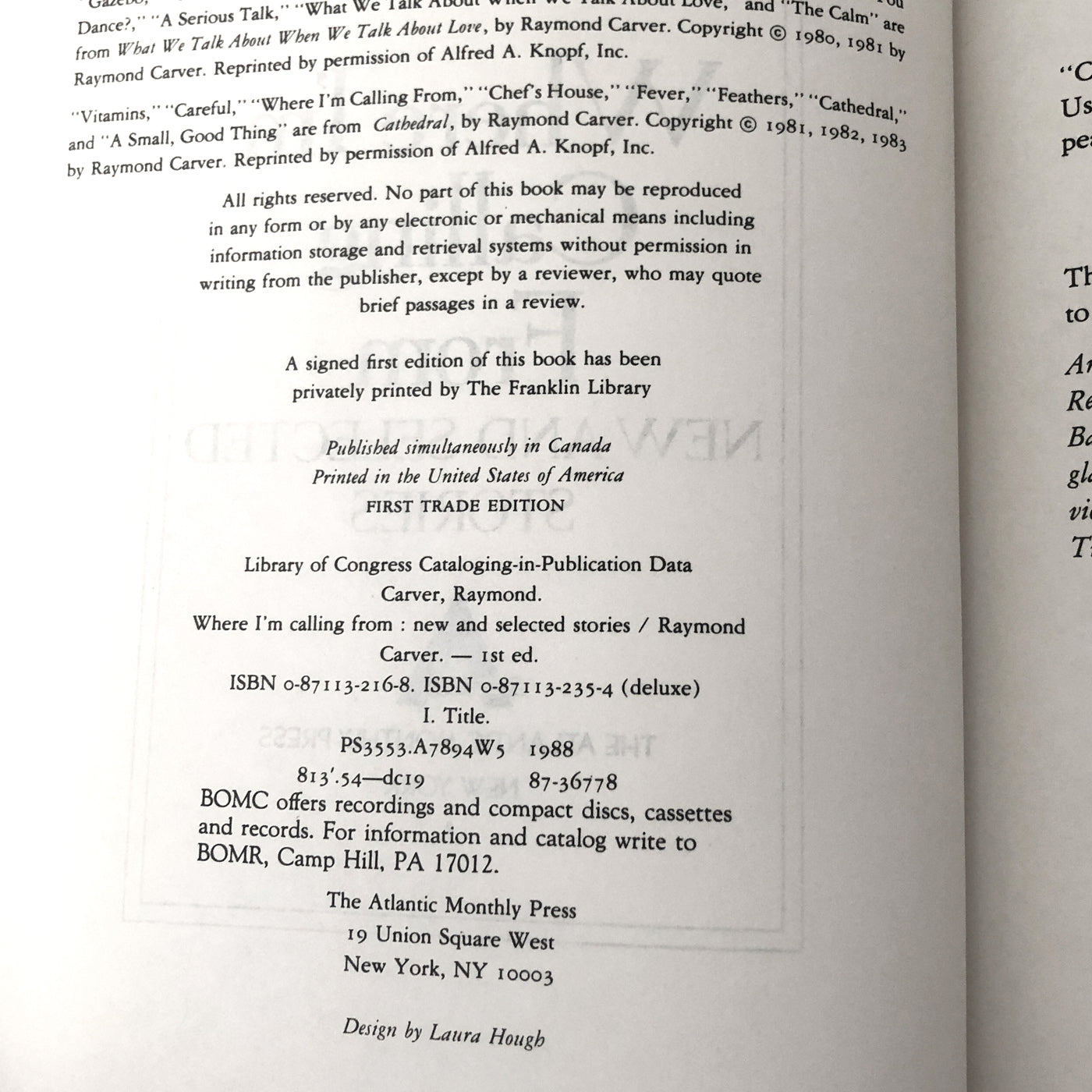 Where I'm Calling From by Raymond Carver [FIRST EDITION PAPERBACK]