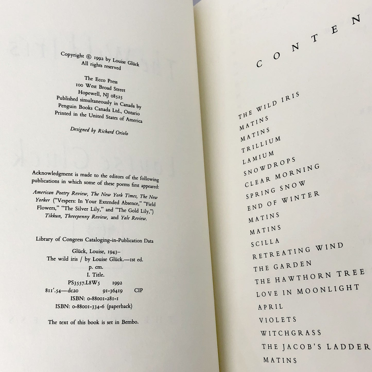 The Wild Iris by Louise Glück [FIRST PAPERBACK PRINTING] 1992 • The Ecco Press