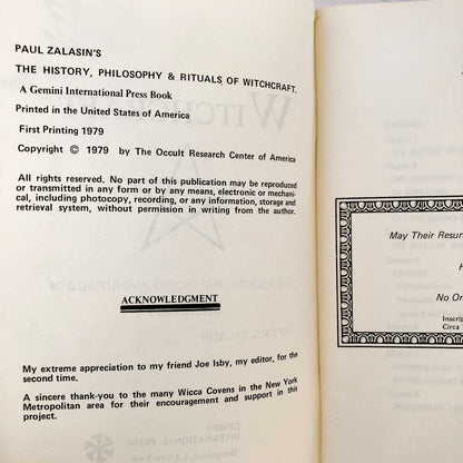 Witchcraft: The History, Philosophy and Rituals of Witchcraft by Paul Zalasin [FIRST PRINTING] 1979
