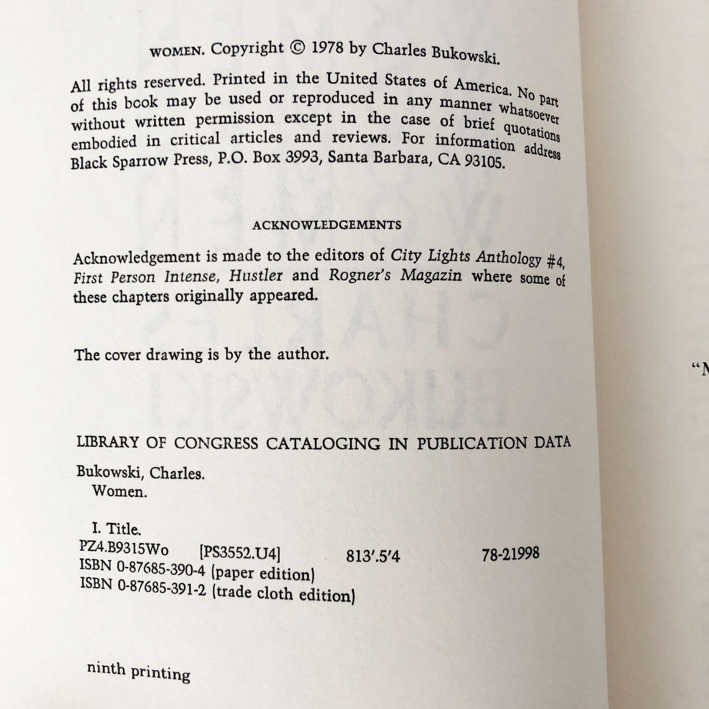 Women by Charles Bukowski [FIRST EDITION / NINTH PRINTING] 1984