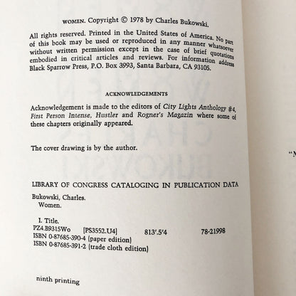 Women by Charles Bukowski [FIRST EDITION / NINTH PRINTING] 1984