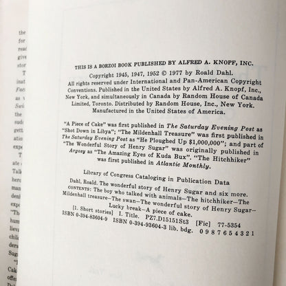 The Wonderful Story of Henry Sugar and Six More by Roald Dahl [FIRST EDITION / FIRST PRINTING] 1977