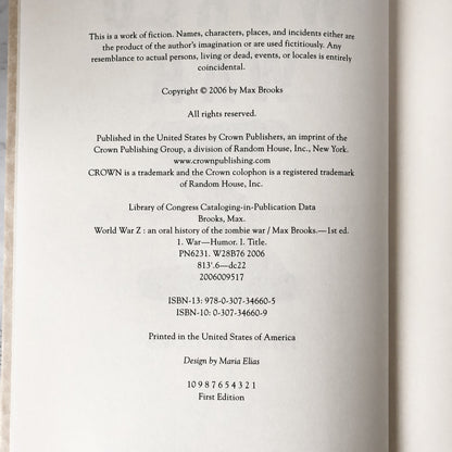 World War Z by Max Brooks [FIRST EDITION / FIRST PRINTING] - Bookshop Apocalypse