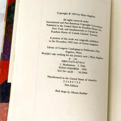 Wouldn't Take Nothing for My Journey Now by Maya Angelou [FIRST EDITION • 2nd PRINTING] 1993