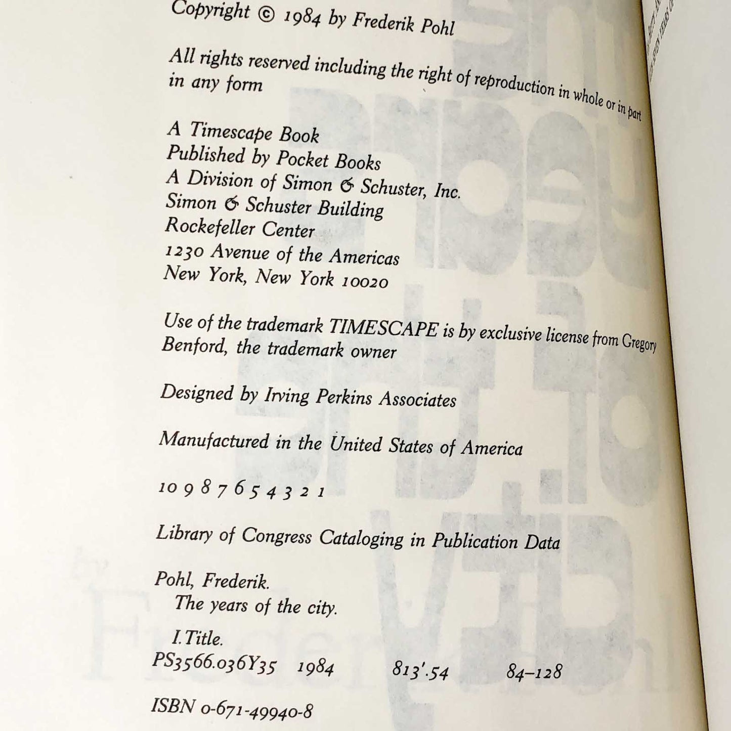 The Years of the City by Frederik Pohl [FIRST EDITION • FIRST PRINTING] 1984 • Timescape