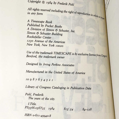 The Years of the City by Frederik Pohl [FIRST EDITION • FIRST PRINTING] 1984 • Timescape