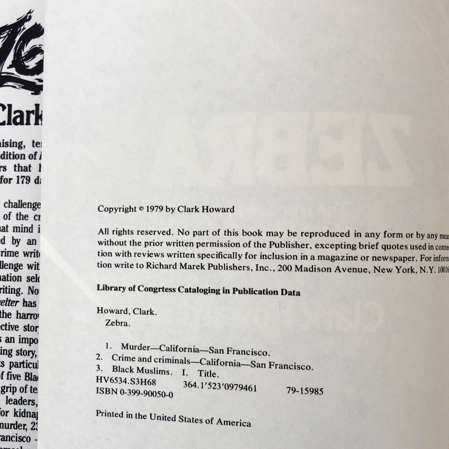 Zebra: The True Account of the 179 Days of Terror in San Francisco by Clark Howard [FIRST EDITION / 1979]