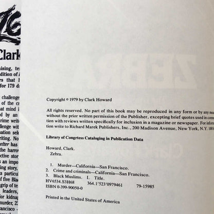 Zebra: The True Account of the 179 Days of Terror in San Francisco by Clark Howard [FIRST EDITION / 1979]