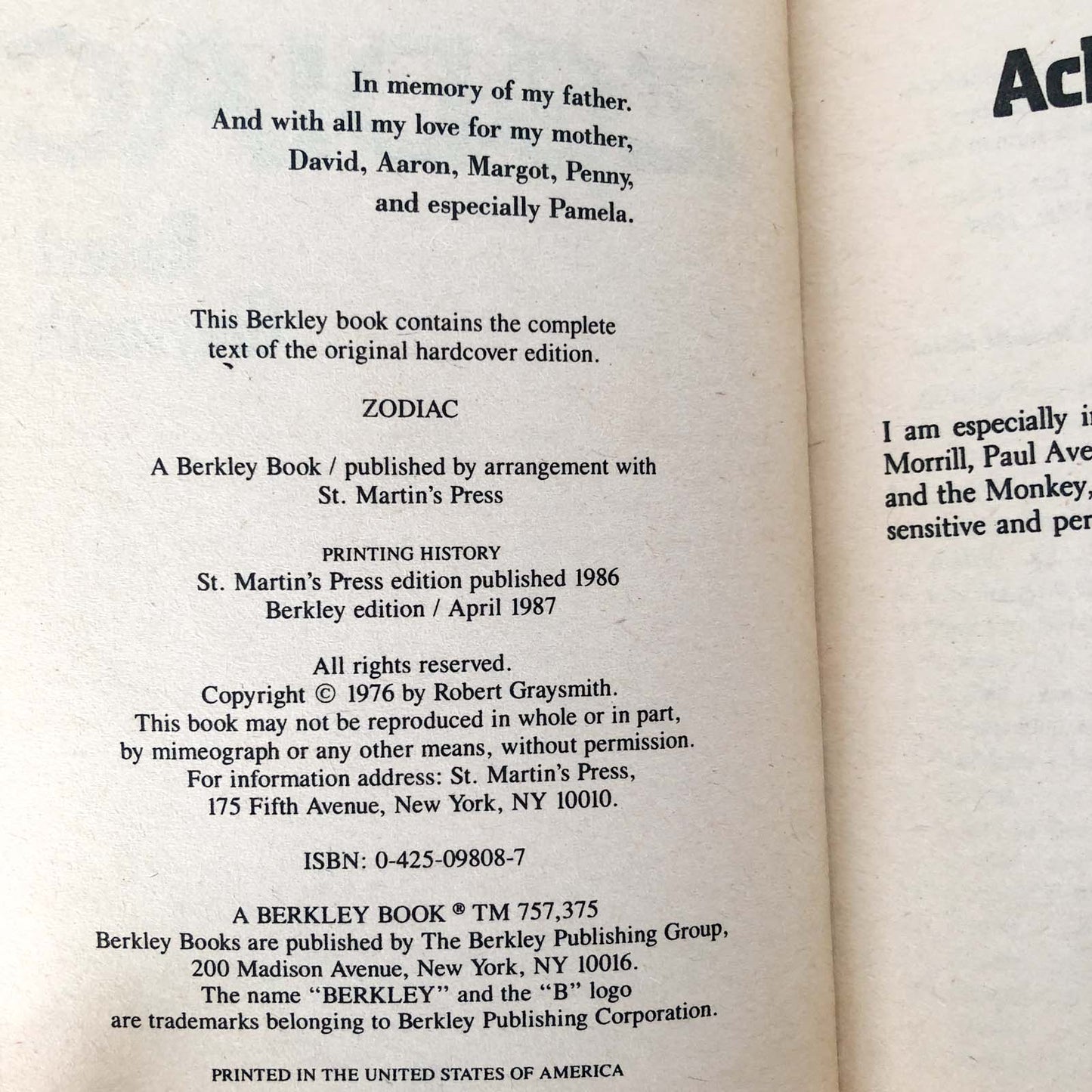 Zodiac by Robert Graysmith [1987 PAPERBACK]